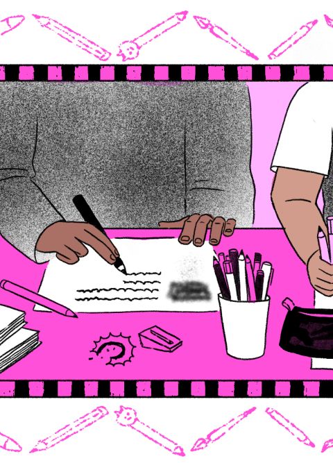 Illustration von drei zeichnenden Personen am Tisch.