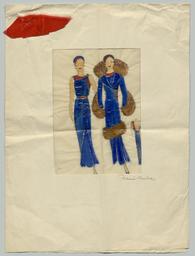 Zwei Figurinen und eine Detailansicht: Ein ärmelloses, knöchellanges Kleid und ein passender Mantel, dazu  Materialprobe (Archivtitel), Kostümentwurf, 1930 (circa)