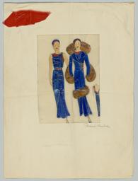 Zwei Figurinen und eine Detailansicht: Ein ärmelloses, knöchellanges Kleid und ein passender Mantel, dazu  Materialprobe (Archivtitel), Kostümentwurf, 1930 (circa)