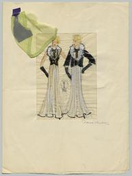 Zwei Figurinen und eine Detailansicht: Ein bodenlanges Kleid mit Weste und dazu passender kurzer Jacke, mit Materialproben (repository title), costume design, 1930 (circa)
