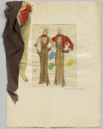 Vorschaubild zu  'Zwei Figurinen und eine Detailansicht: Ein bodenlanges Trägerkleid und dazu passende kurze Jacke, mit Materialproben'