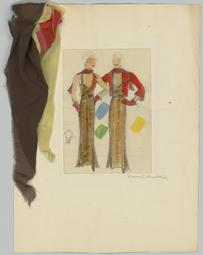 Zwei Figurinen und eine Detailansicht: Ein bodenlanges Trägerkleid und dazu passende kurze Jacke, mit Materialproben (Archivtitel), Kostümentwurf, 1930 (circa)