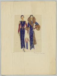 Zwei Figurinen und eine kleine Detail-Rückenansicht: Ein knöchellanges, rückenfreies Kleid in Kombination mit einem langen Mantel mit Pelzbesatz (Archivtitel), Kostümentwurf, 1930 (circa)