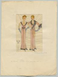 Zwei Figurinen und eine Detailansicht: Ein ärmelfreies, bodenlanges Kleid mit passender Jacke (repository title), costume design, 1930 (circa)