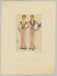 Zwei Figurinen und eine Detailansicht: Ein ärmelfreies, bodenlanges Kleid mit passender Jacke (repository title), costume design, 1930 (circa)