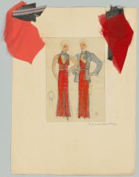 Zwei Figurinen und eine Detailansicht: Ein bodenlanges ärmelloses Kleid mit passender silberfarbener Jacke, mit Materialproben (Archivtitel), Kostümentwurf, 1930 (circa)
