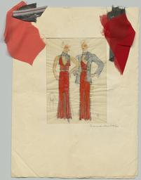 Vorschaubild zu  'Zwei Figurinen und eine Detailansicht: Ein bodenlanges ärmelloses Kleid mit passender silberfarbener Jacke, mit Materialproben'