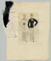 Zwei Figurinen und eine Detailansicht: Ein rückenfreies, bodenlanges Kleid mit zugehöriger Jacke, mit Materialproben (repository title), costume design, 1930 (circa)