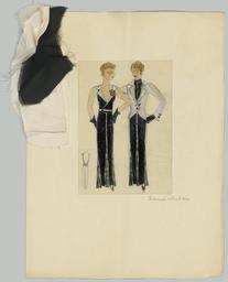 Zwei Figurinen und eine Detailansicht: Ein bodenlanges Kleid mit zugehöriger Jacke, mit Materialproben (Archivtitel), Kostümentwurf, 1930 (circa)