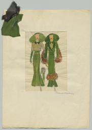 Zwei Figurinen und eine Detailansicht: Ein knöchellanges Kleid mit goldfarbener Bluse und passendem langem Mantel mit Pelzbesatz, sowie einem breitkrempigem Hut, mit Materialproben (repository title), costume design, 1930 (circa)