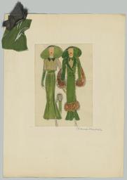 Zwei Figurinen und eine Detailansicht: Ein knöchellanges Kleid mit goldfarbener Bluse und passendem langem Mantel mit Pelzbesatz, sowie einem breitkrempigem Hut, mit Materialproben (repository title), costume design, 1930 (circa)