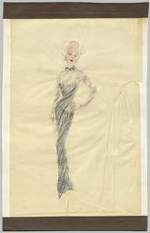 Ein bodenlanges, schmales, teiltransparentes Showkleid ('Diagonalkeid') (repository title), costume design, 1950 (circa)