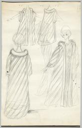 Ein bodenlanges, schmales, teiltransparentes Showkleid ('Diagonalkeid') (Archivtitel), Kostümentwurf, 1950 (circa)