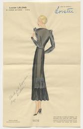 Lorette - Ein wadenlanges Kleid mit gerafften Ärmeln in Rückenansicht (Archivtitel), Kostümentwurf, 1930 (circa)