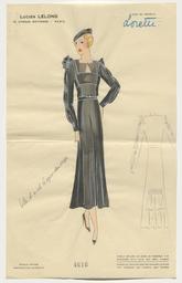 Lorette - Ein wadenlanges Kleid mit gerafften Ärmeln und eine Detailrückenansicht (Archivtitel), Kostümentwurf, 1930 (circa)