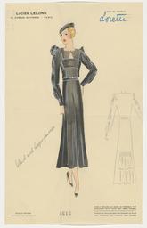 Lorette - Ein wadenlanges Kleid mit gerafften Ärmeln und eine Detailrückenansicht (repository title), costume design, 1930 (circa)