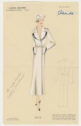 Claude - Ein Mantelkleid mit Reverskragen und einer Detailrückenansicht (Archivtitel), Kostümentwurf, 1930 (circa)