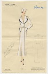 Claude - Ein Mantelkleid mit Reverskragen und einer Detailrückenansicht (Archivtitel), Kostümentwurf, 1930 (circa)