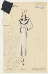 Vorschaubild zu  'Claude - Ein Mantelkleid mit speziellem Kragen und eine Rückenansicht, mit Materialproben'