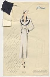 Claude - Ein Mantelkleid mit speziellem Kragen und eine Rückenansicht, mit Materialproben (Archivtitel), Kostümentwurf, 1930 (circa)
