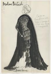 Marlene Dietrich - Ein schmales, vielfach gestuftes, langes Fransenkleid mit Umhang (Archivtitel), Kostümentwurf, 1950 (circa)