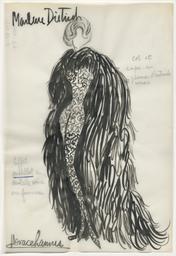 Marlene Dietrich - Ein bodenlanges, schmales, gemustertes Kleid oder Trikot mit Umhang aus Federn (Archivtitel), Kostümentwurf, 1950 (circa)