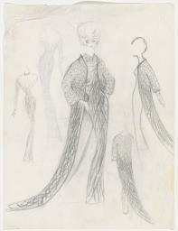 Vier verschiedene Ansichten eines Showkleides mit besticktem Mantel (repository title), costume design, 1961 (circa)