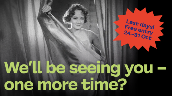 A black-and-white image of Marlene Dietrich with a graphic informing that museum admission is free.