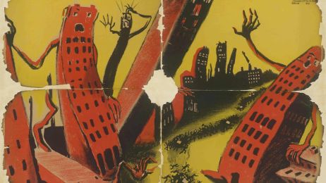 The painted film poster shows red skyscrapers with faces on a yellow background streaked with traces of fire.