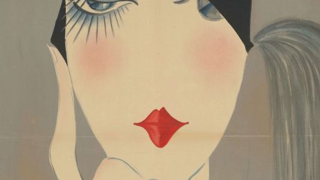 Painted movie poster in the style of the 1920s, showing the face of a woman with red lips, short hair and blue eye shadow.