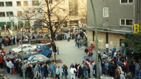Very long queue in front of a bank branch in a residential area of Berlin in 1989.