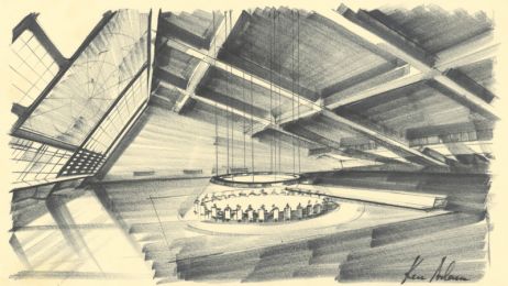 Pencil sketch from 1979 of a film set design showing a modern room with a round conference table in the middle.